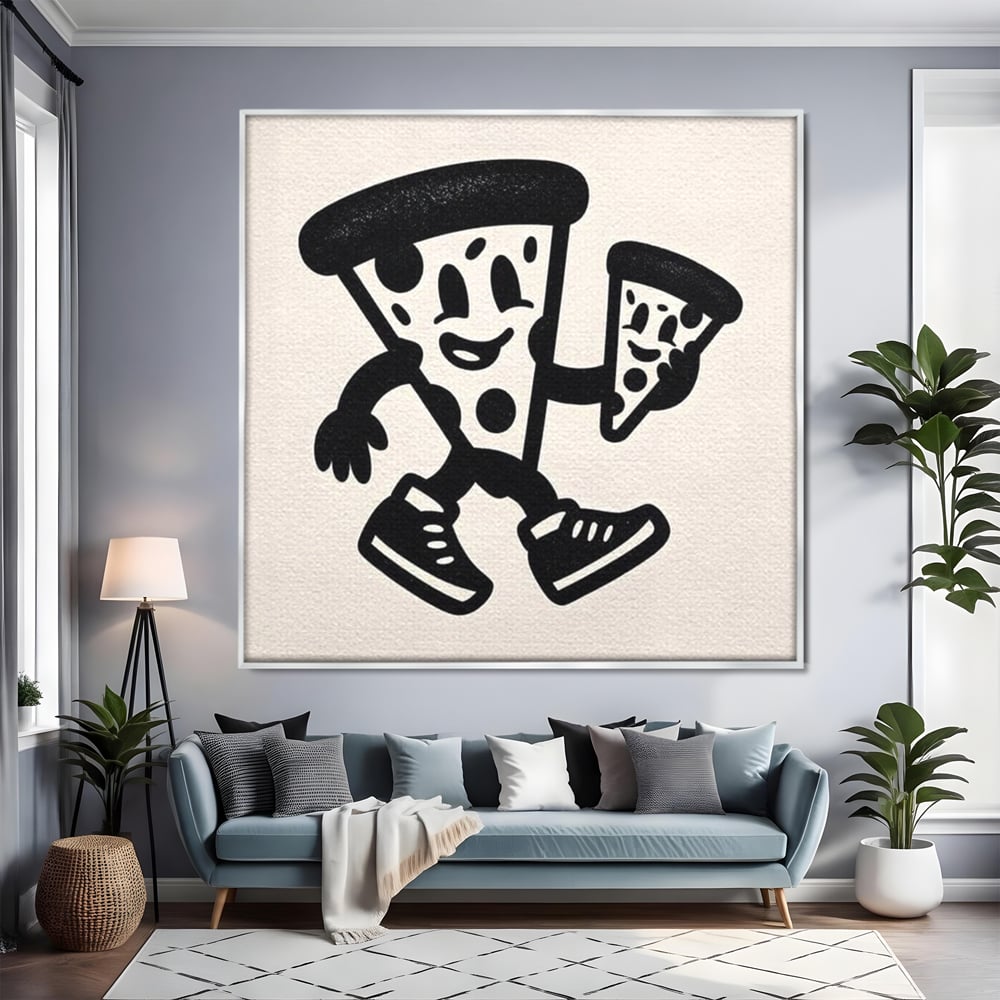 Tablou canvas cu ilustratie retro cu mascota pizza, in rama de aluminiu argintiu, pe perete intr-un living